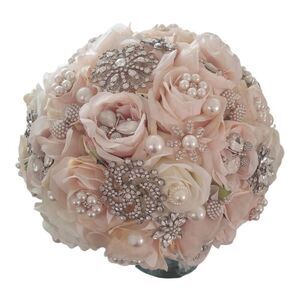 Hand Made Silk Rose Rhinestone Brooch Lace Wedding Bouquet(Champagne)